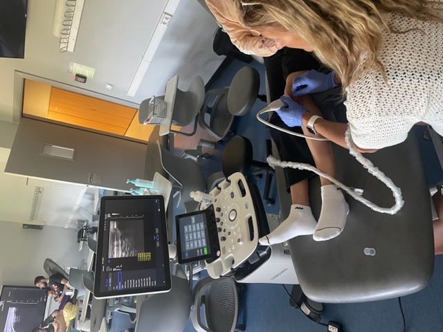 Shelley is using a medical machine in a classroom setting to look at a patient's leg muscles.